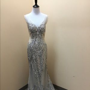 Black tie long cream and silver beaded dress